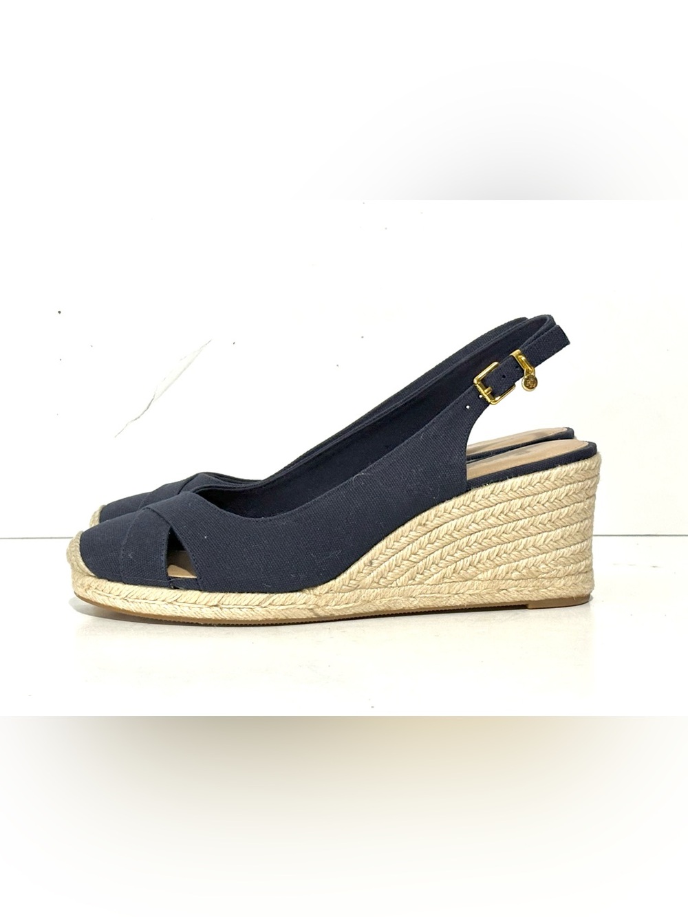 Ralph Lauren Navy Gold Canvas Espadrille Wedge Slingback Size 9 EUC - Picture 6 of 10